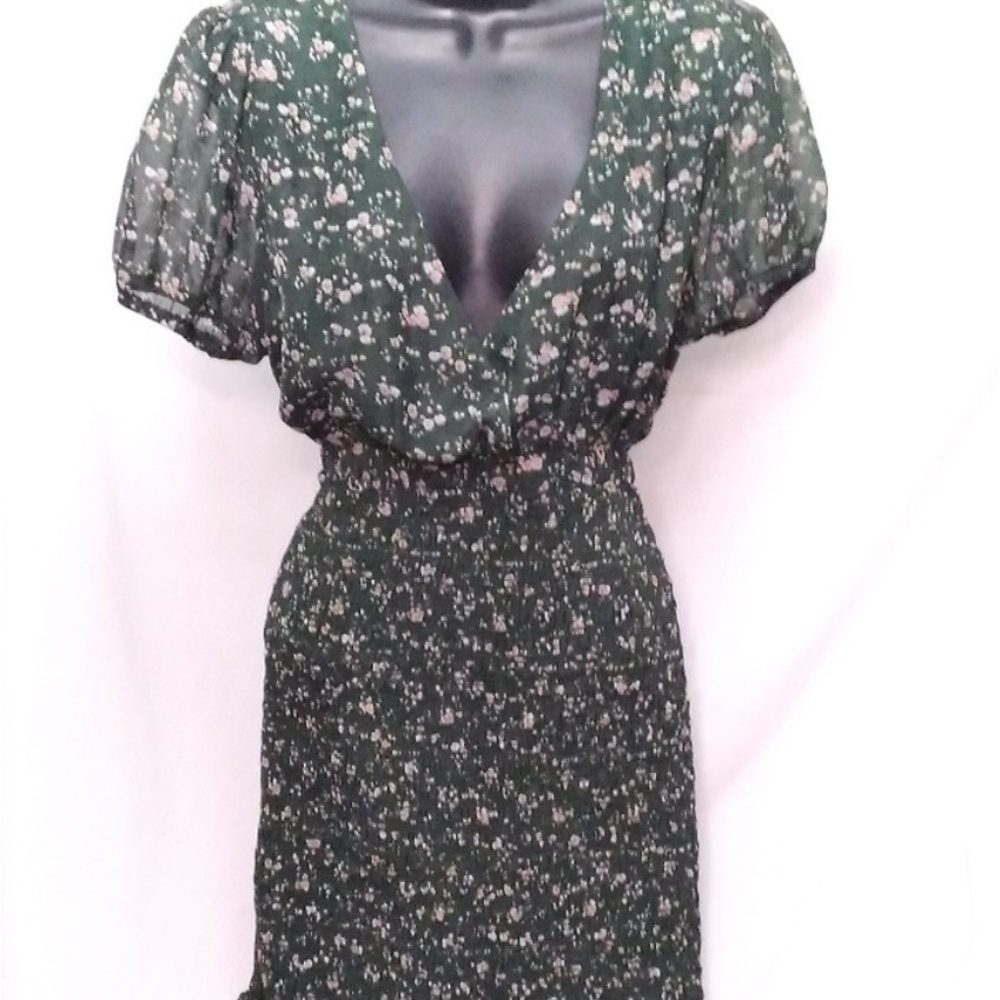 ISALIS Floral V-Neck Smocked Waist Mini Dress - Dark Green